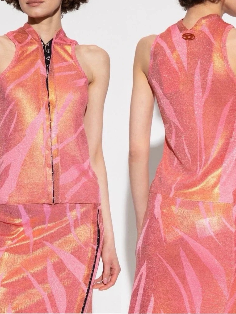 Diesel Pink and Orange Metallic Sleeveless Zip-Front Top